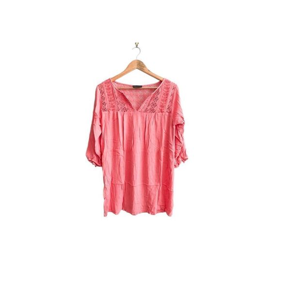 Addition Elle Peasant Blouse Coral Flowy Top Crochet Embroidery Women's Plus 14 - Picture 1 of 6